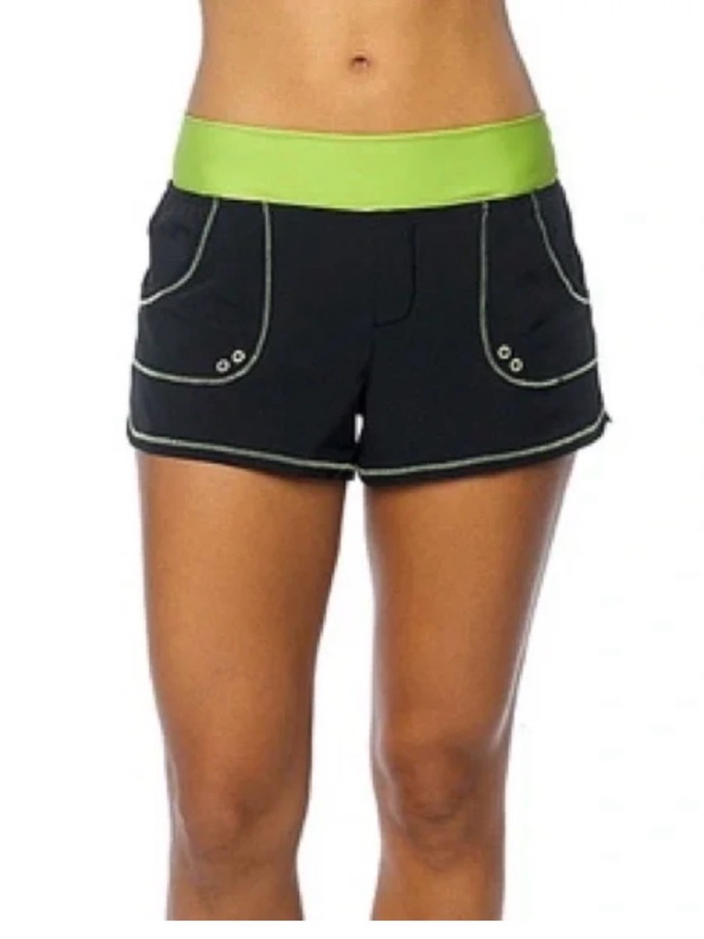 PrAna Millie Black Board Shorts with Lime Waistband. Size S